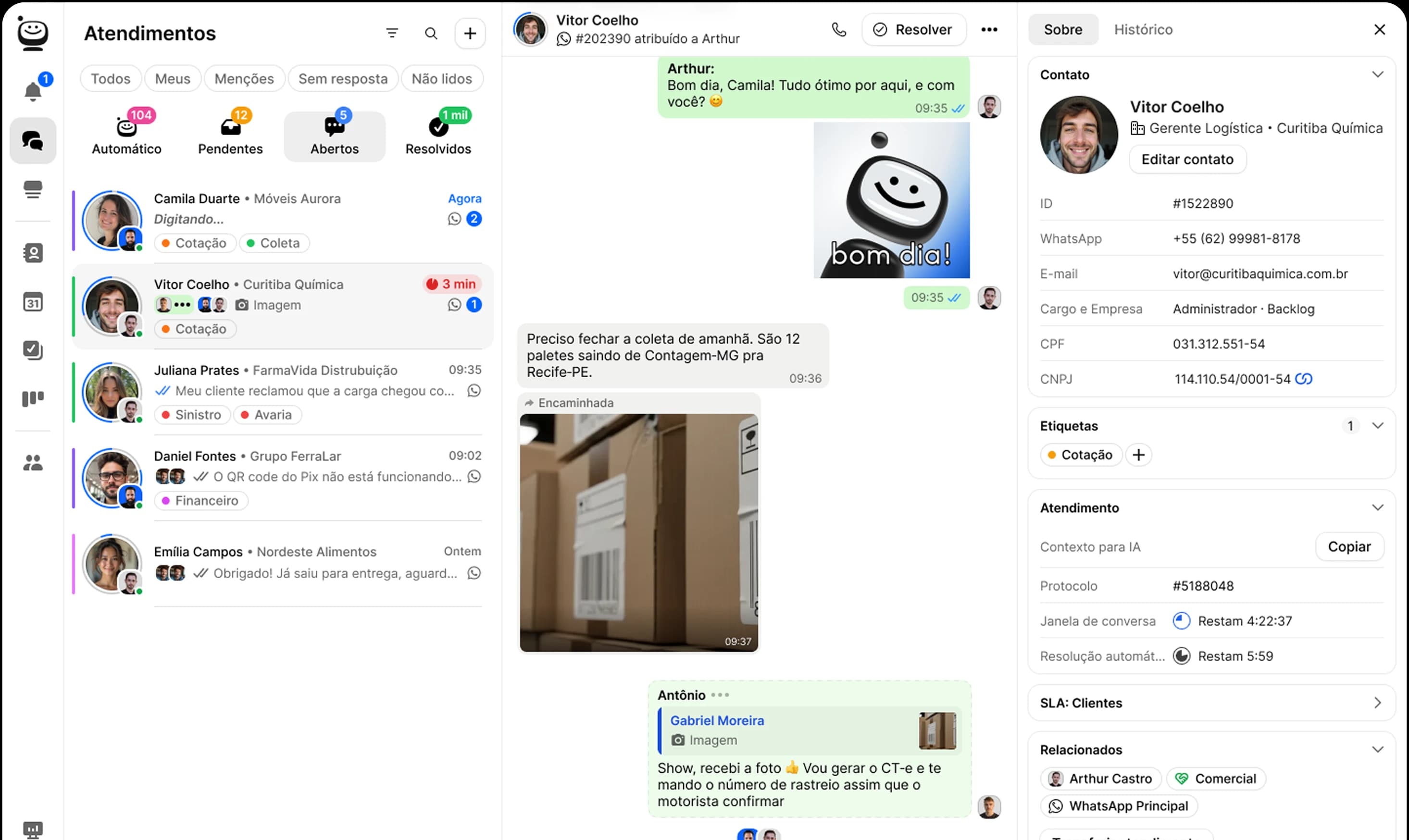 Painel do Sacflow com atendimentos multicanal via WhatsApp em tempo real