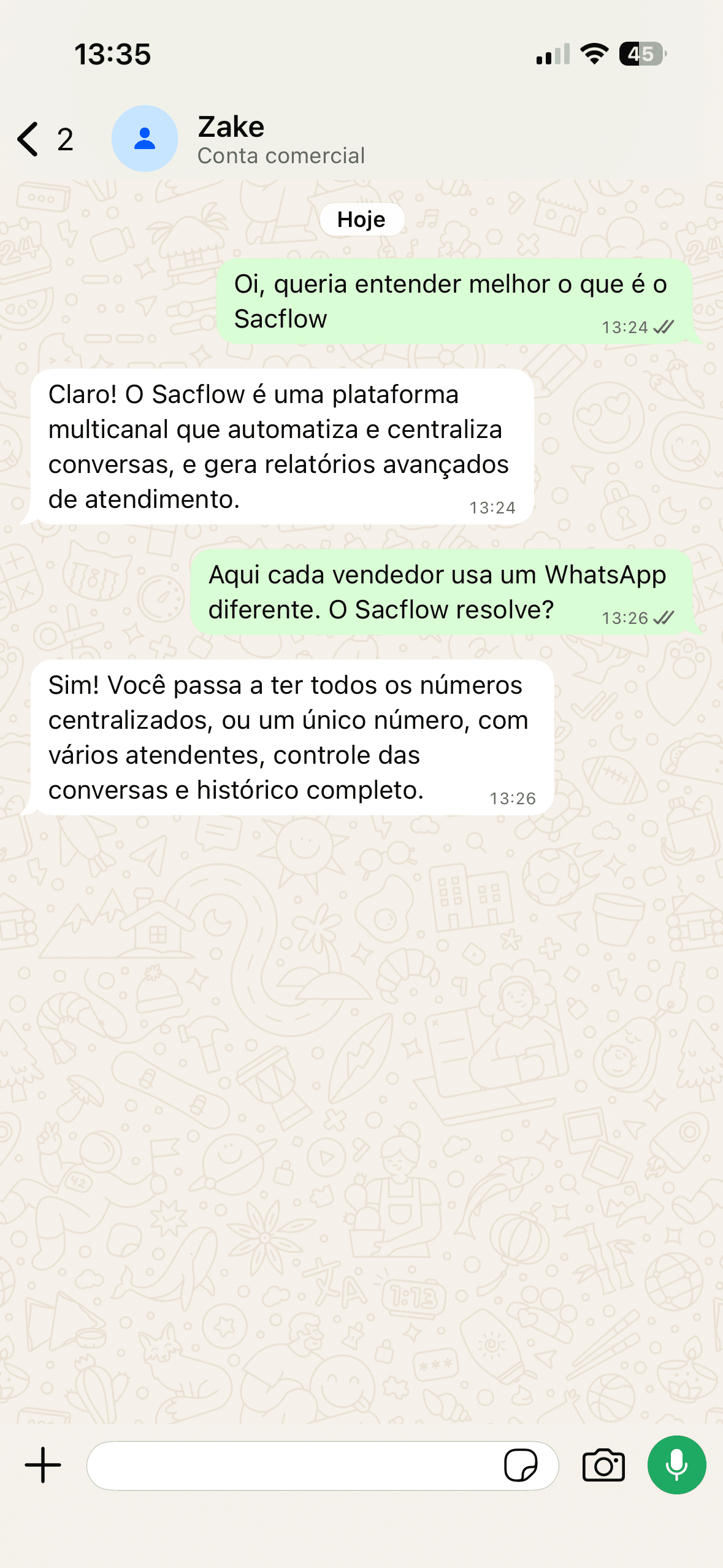 Conversa com o Zake, agente de IA do Sacflow