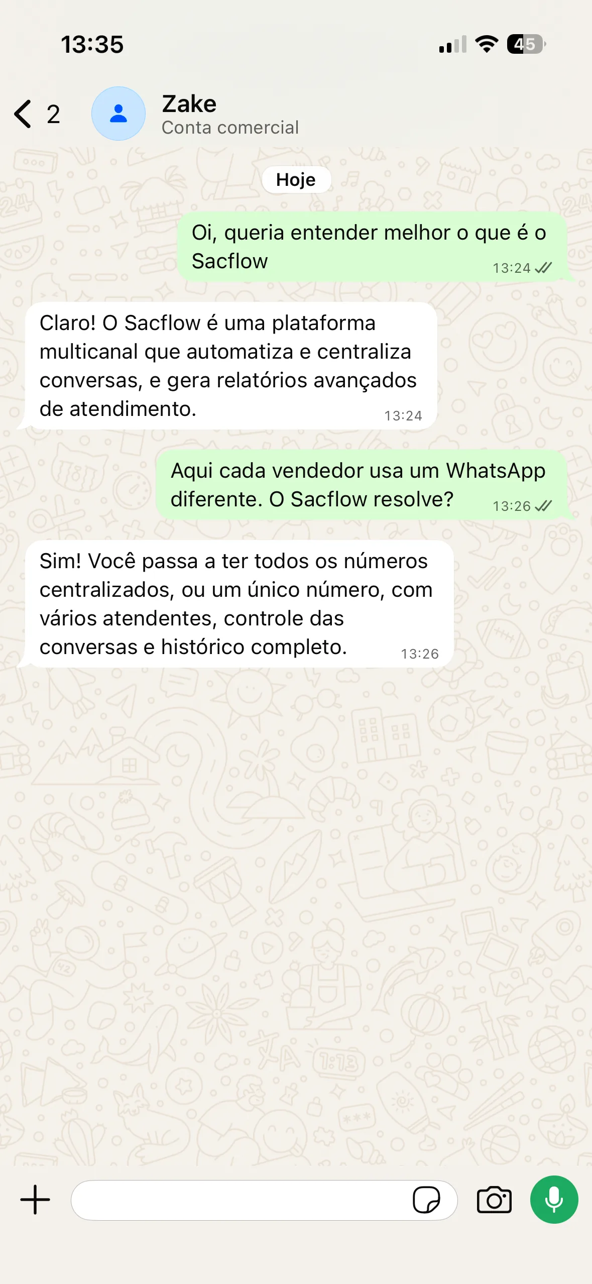 Conversa com o Zake, agente de IA do Sacflow